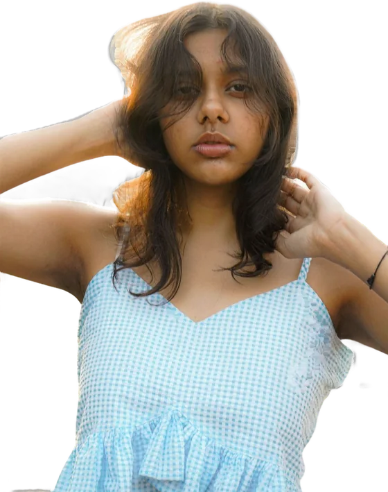 A woman in a pale blue top