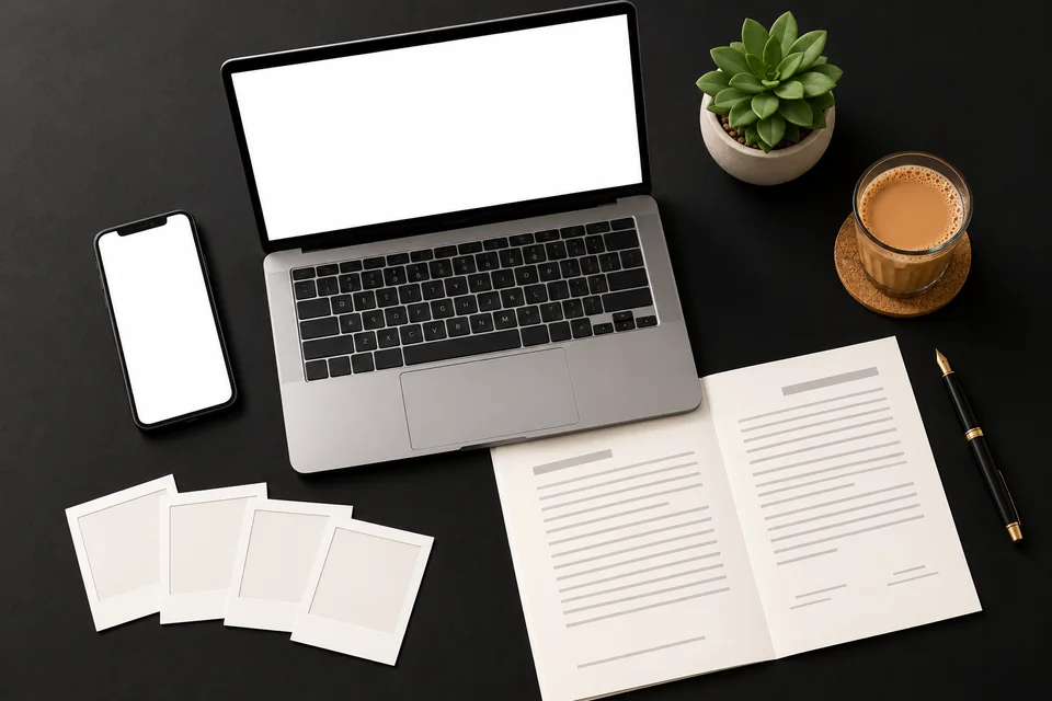 A laptop, agreements, blank photo frames and tea on a dark desk